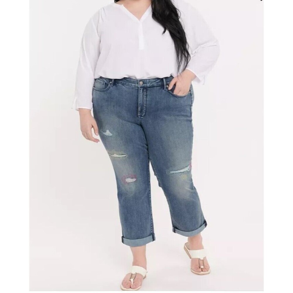 NYDJ Distressed Marilyn Straight Leg Jeans Size 42 Waist Clean Monet Embroidery